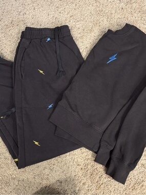 Pink Rose Black Sweatshirt & Joggers Set with Blue and Yellow Lightning
